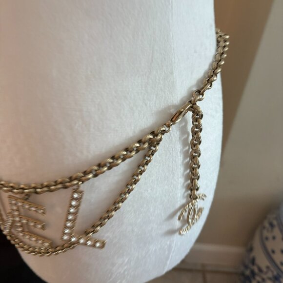 Vintage Lagerfeld Chanel Crystal Logo Chain Belt Necklace Bag Jewelry main image 11